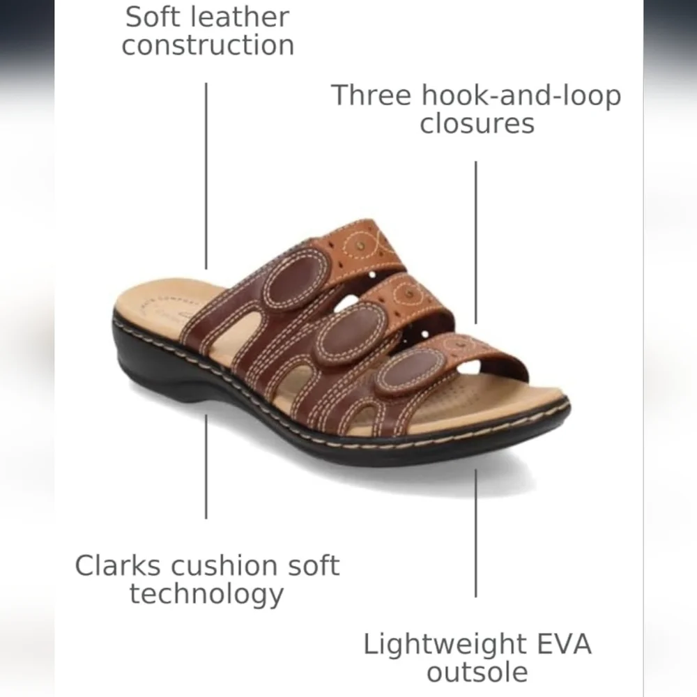 NWOB Clarks Leisa Cacti Q Triple Strap Slide Sandals Brown Multi Size‎ 8.5
